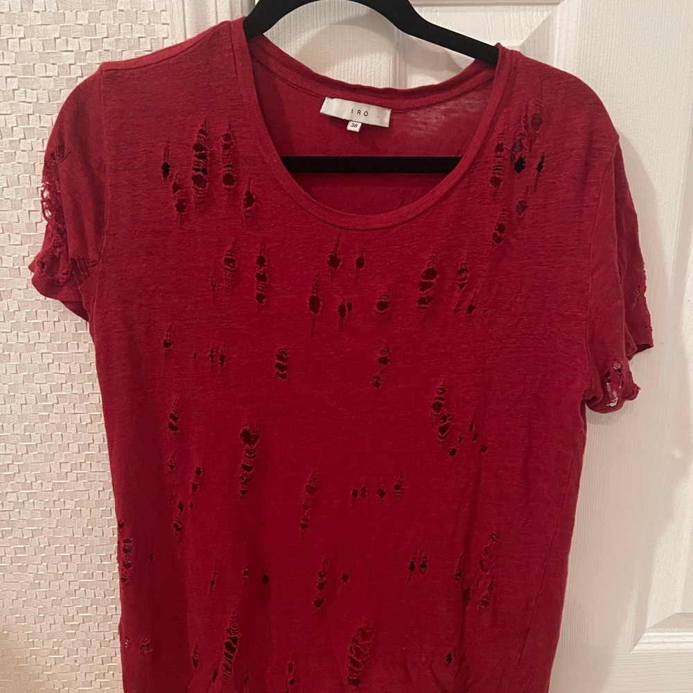 Iro distressed red linen t shirt, size 38 (medium)